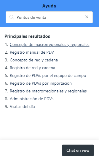 Resultados y botón Chat en vivo