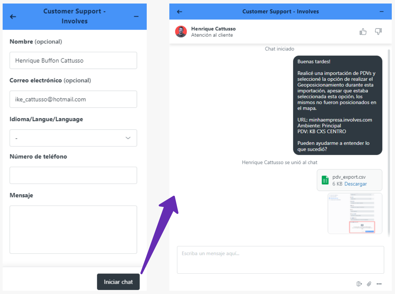 Formulario e inicio del chat